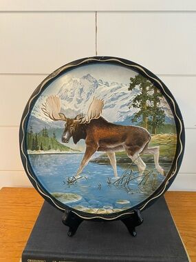 James L. Artig Vintage Tin Lithograph Bull Moose Serving Tray MCM Western Decor